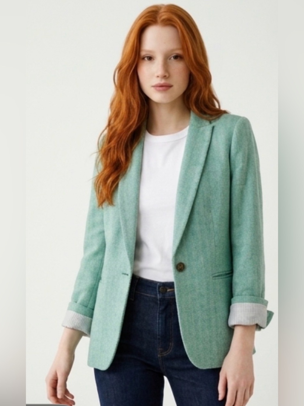 J.crew Herringbone One-button Blazer | Dublin Green Ivory | Size 6